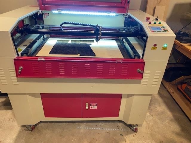 80 Watt Rabbit RL-XX-9060 Laser Engraver, 2017- Fumex FA5 Ventilator,  Chiller, and Brand New Laser Tube Included