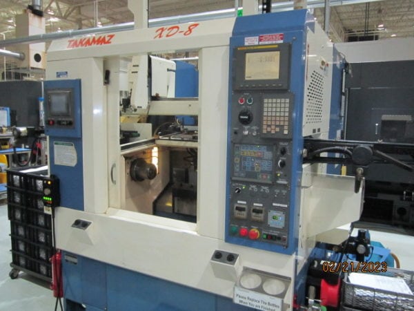 Takamaz XD-8 Twin Spindle CNC Lathe, 2003 - Fanuc Control, Robot Gantry Loaders, Parts Infeed Conveyors