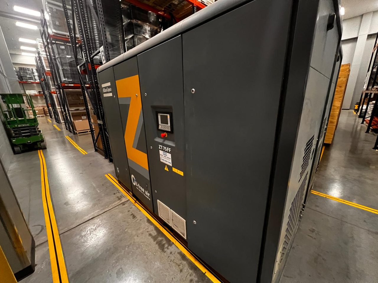 Clean-Room Ready Atlas Copco ZT75FF Rotary Screw Air Compressor – 127 PSI Oil-Free Air, Built-In Dryer, 75 HP