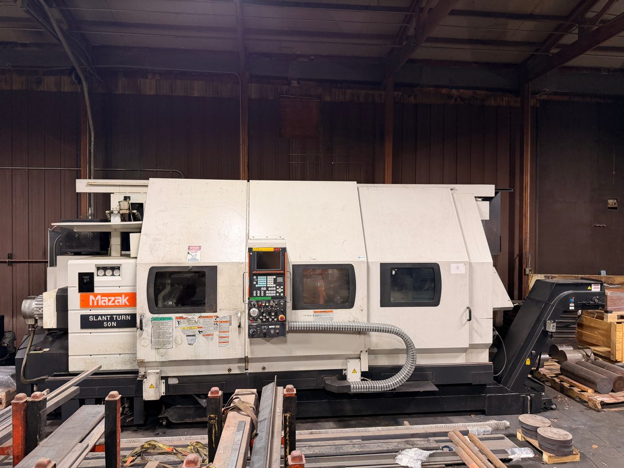 Mazak Slant Turn 50NR CNC Lathe, 2006 - 7.1" Bore, Chip Conveyor