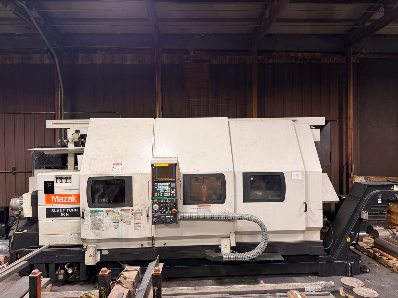 Mazak Slant Turn 50NR CNC Lathe, 2006 - 7.1" Bore, Chip Conveyor