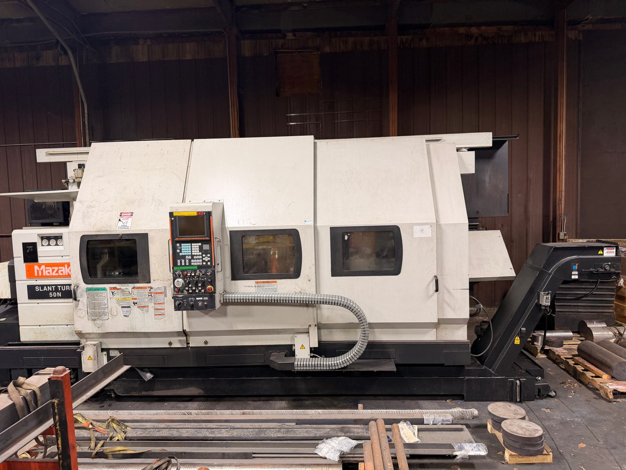 Mazak Slant Turn 50NR CNC Lathe, 2006 - 7.1" Bore, Chip Conveyor