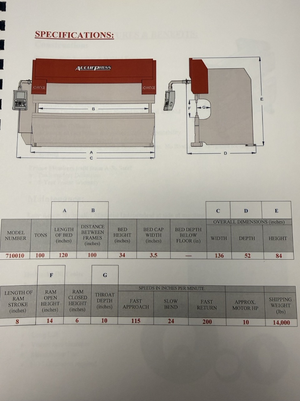 100 Ton x 10' Accurpress 710010 Press Brake, 2016 - Advantage Package - Image 5